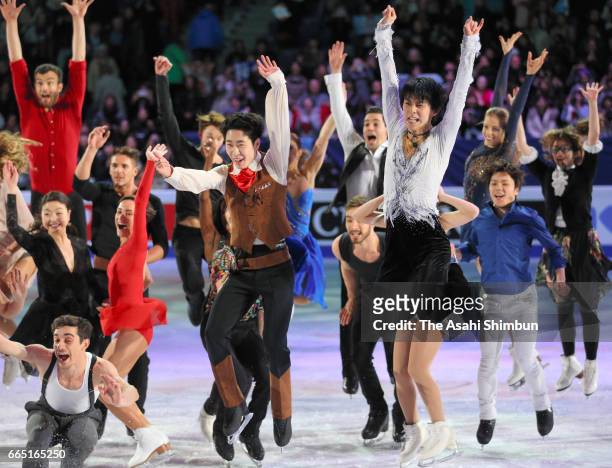 Skaters celebrate after the gala exhibition during day five of the World Figure Skating Championships at Hartwall Arena on April 2, 2017 in Helsinki,...