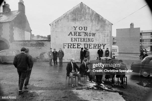 Free Derry Corner in the Bogside neighbourhood of Derry/Londonderry, Northern Ireland, 1972. The spot is famous for the the slogan, "You Are Now...