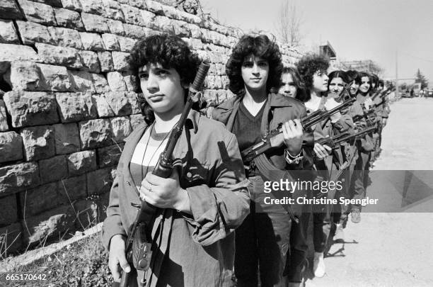 Training of women fighters of the Progressive Socialist Party . The PSP is related to the Druze religious community, who fought the Maronite...
