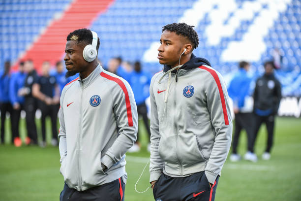 Serge Aurier and Christopher Nkunku of PSG during the French National Cup Quarter Final match between Us Avranches and Paris Saint Germain at Stade...