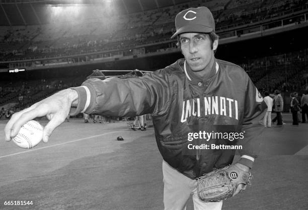 Rookie Pat Zachry, who compiled a 14-7 record for the Reds, shows the form that earned him the starting assignment in the second game of the National...