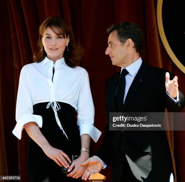 French First Lady Carla Bruni-Sarkozy and President Nicolas Sarkozy attend a welcoming ceremony hosted by the Spanish royal couple, King Juan Carlos...