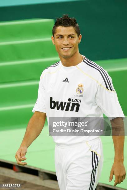 Crsitiano Ronaldo was officially presented, at the Bernabeu's stadium in Madrid, in front of 80.000 persons. | Location: Madrid, Spain.