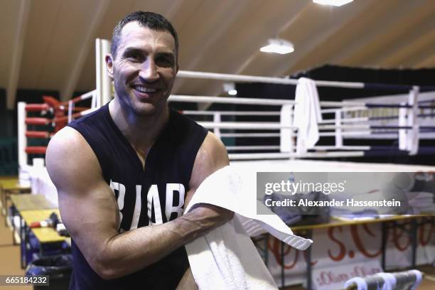 Wladimir Klitschko of Ukraine smiles during a training session at Hotel Stanglwirt on April 6, 2017 in Going, Austria. The Heavyweight title clash...