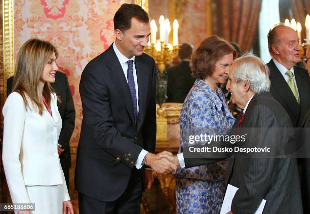 Prince Felipe of Spain greets former Minister of Foreign Affairs Fernando Moran during the ceremony marking the XXV Anniversary of Spanish and...