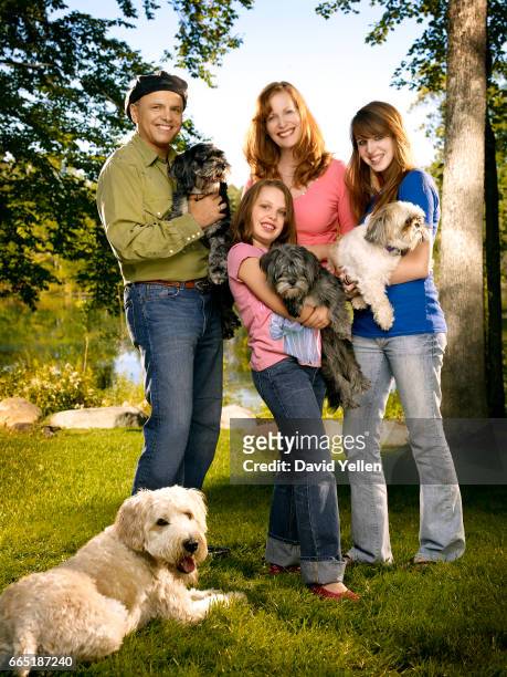 Joe Pantoliano with his wife Nancy, daughters Dani and Izze and their four dogs.