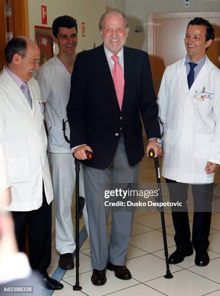 Spanish King Juan Carlos walks on crutches as he is discharged from the Hospital USP San Jose in Madrid, Spain, 05 June 2011. The Spanish King was...