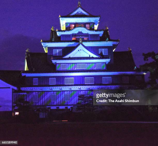 Okayama Castle is illuminated in blue on the World Autism Awareness Day on April 2, 2017 in Okayama, Japan.