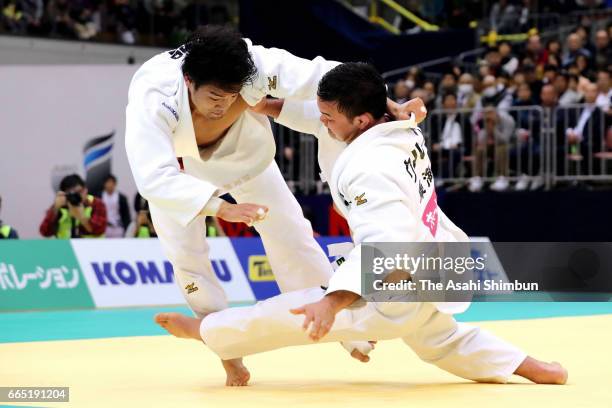 Aaron Wolf and Ryunosuke Haga compete in the Men's -100kg during day two of the All Japan Invitational Judo Championships By Weight Category at...