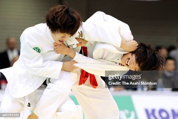 Uta Abe and Ai Shishime compete in the Women's -52kg semi final during day two of the All Japan Invitational Judo Championships By Weight Category at...