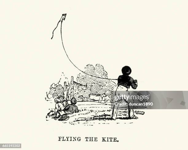 victorian boy flying a kite - kite stock illustrations