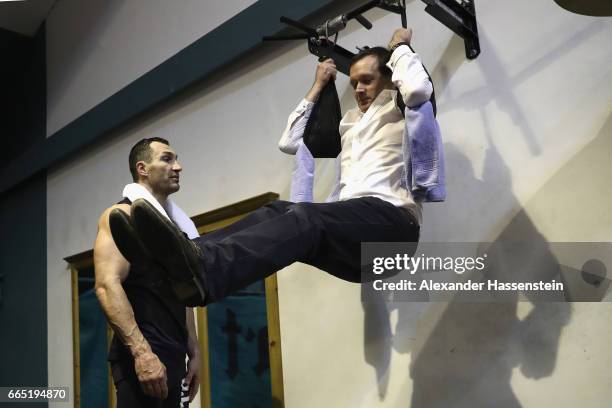 Wladimir Klitschko of Ukraine selected Adam Smith, Sky boxing for a training challenge during a training session at Hotel Stanglwirt on April 6, 2017...