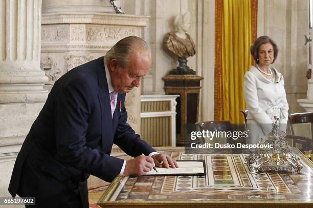 King Juan Carlos, Queen Sofia and Prince Felipe of Asturias and Letizia attend a ceremony in which he signed this afternoon the organic law becomes...