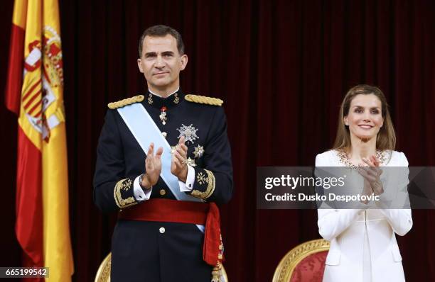 King Felipe VI, with his wife Queen Letizia and daughters Leonor and Sofia, attending the acto of his proclamation as King at the Spanish Parliament