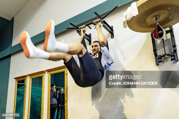 Ukrainian boxer Wladimir Klitschko during a media training session on April 6, 2017 at the Biohotel Stanglwirt, Going, Austria as he prepares for the...
