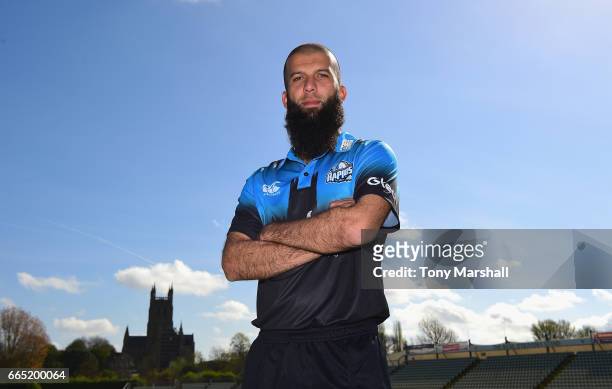 Moeen Ali of Worcestershire County Cricket Club poses in the NatWest T20 Blast kit during the Worcestershire County Cricket photocall held at New...