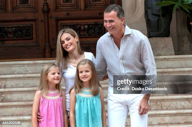 King Felipe VI with wife Queen Letizia and daughters Infantas Leonor and Sofia posing, for the first time as Kings of Spain, on the traditional...