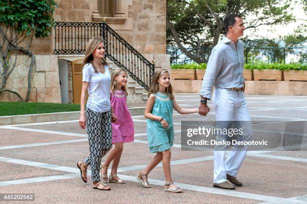 King Felipe VI with wife Queen Letizia and daughters Infantas Leonor and Sofia posing, for the first time as Kings of Spain, on the traditional...