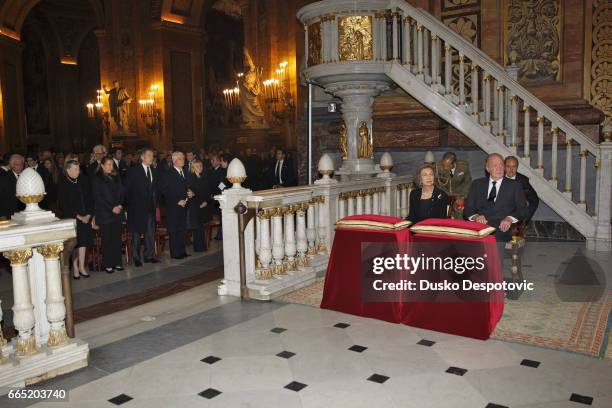 King Juan Carlos and Queen Sofia are greeted by Carlos Fitz-James Stuart and his brother Cayetano Martinez de Irujo , on arrival at the memorial...