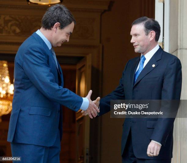 Spanish Prime minister, Jose Luis Rodriguez Zapatero receives Juan Jose Ibarretxe, the Basque President, at the Moncloa Palace in Madrid. | Location:...