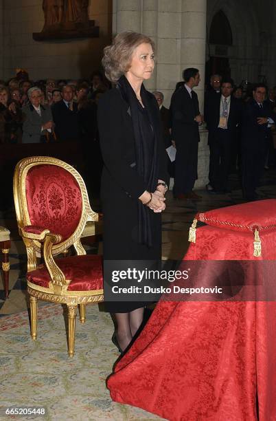 Queen Sofia of Spain attends a memorial mass for the victims of the Madrid bombings in homage to the 201 people who lost their lives at Almudena...