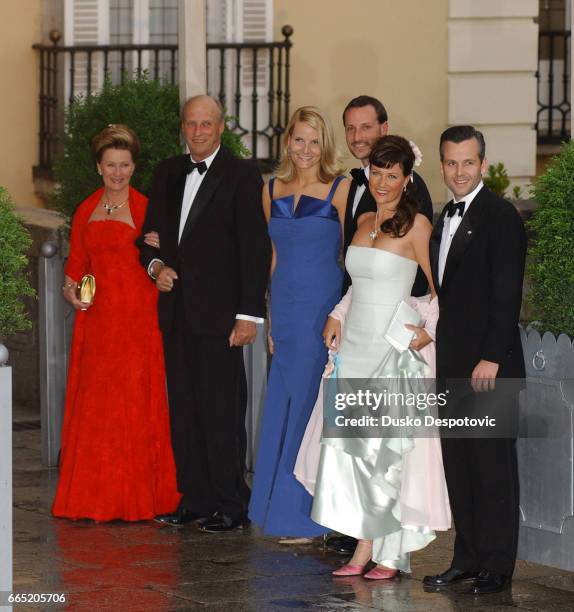 King Harald of Norway and Queen Sonja with their family Crown Prince Haakon with Crown Princess Mette-Marit and Princess Martha-Louise with husband...