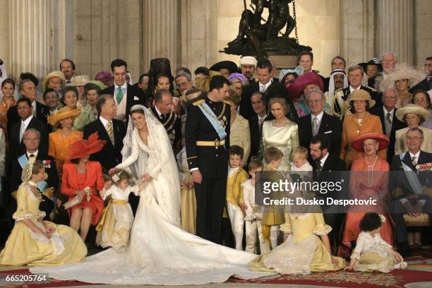 Crown Prince Felipe of Spain, Prince of Asturias, with his bride Crown Princess Letizia, their bridesmaids and pageboys and their family and friends...