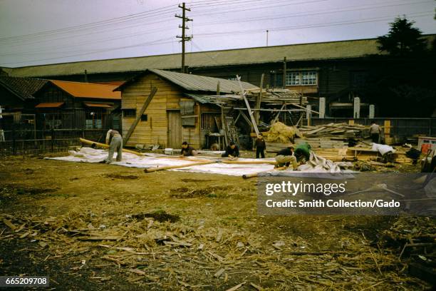 Large group of people, including several children, work to construction a home using traditional building materials, including bamboo, Japan, 1952. .