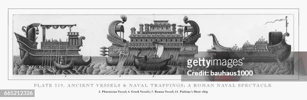 stockillustraties, clipart, cartoons en iconen met oude schepen en marine trappings gravure, 1851 - phoenician ship