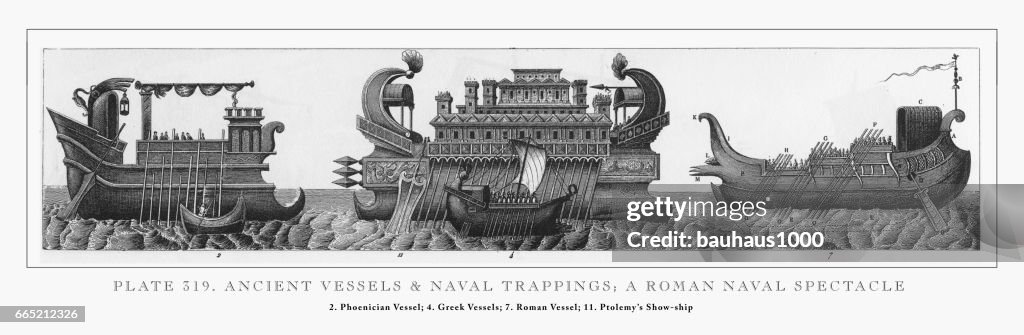Ancient Vessels and Naval Trappings Engraving, 1851