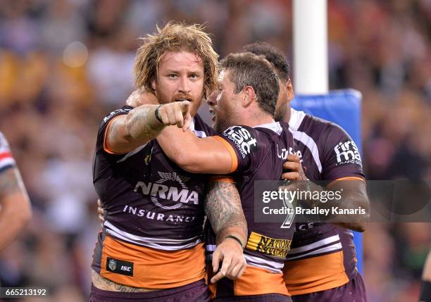 Korbin Sims of the Broncos celebrates scoring a try during the round six NRL match between the Brisbane Broncos and the Sydney Roosters at Suncorp...