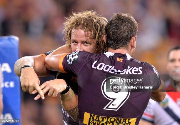 Korbin Sims of the Broncos celebrates scoring a try during the round six NRL match between the Brisbane Broncos and the Sydney Roosters at Suncorp...