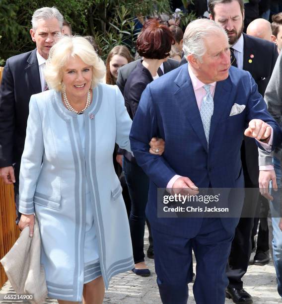 Camilla, Duchess of Cornwall and Prince Charles, Prince of Wales visit the Weinbau Buscheschank Obermann vineyard on April 6, 2017 in Vienna,...