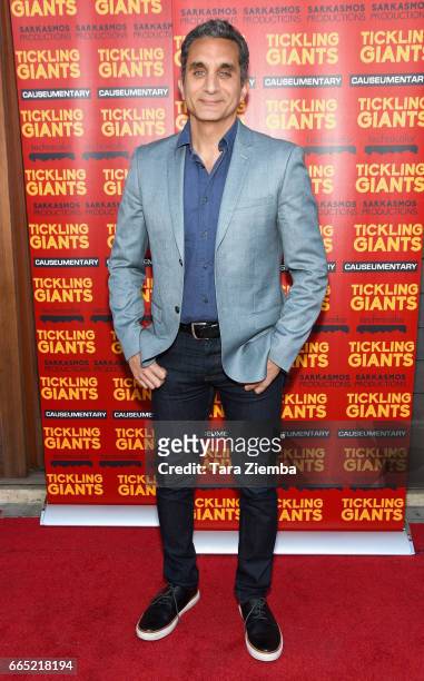 Egyptian satirist/television host Bassem Youssef attends opening night of Sarkasmos Productions' 'Tickling Giants' at the Vista Theatre on April 5,...