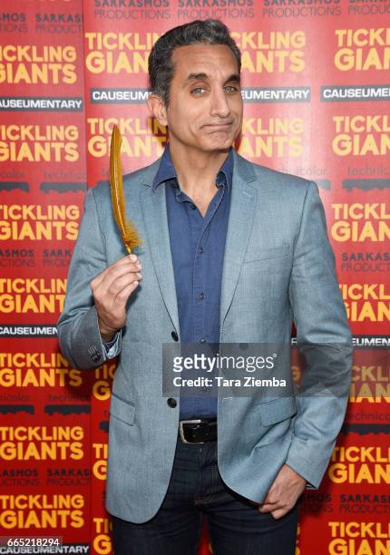 Egyptian satirist/television host Bassem Youssef attends opening night of Sarkasmos Productions' 'Tickling Giants' at the Vista Theatre on April 5,...