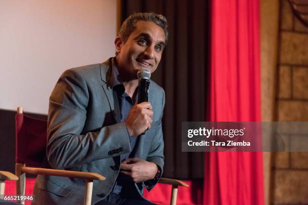 Egyptian satirist/television host Bassem Youssef speaks during opening night of Sarkasmos Productions' 'Tickling Giants' at the Vista Theatre on...