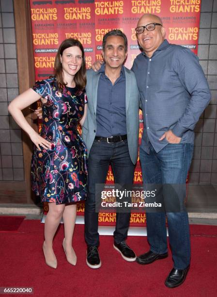 Filmmaker Sara Taksler, Egyptian satirist/television host Bassem Youssef and comedian Larry Wilmore attend opening night of Sarkasmos Productions'...