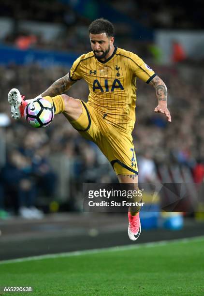 Spurs full back Kyle Walker in action during the Premier League match between Swansea City and Tottenham Hotspur at Liberty Stadium on April 5, 2017...