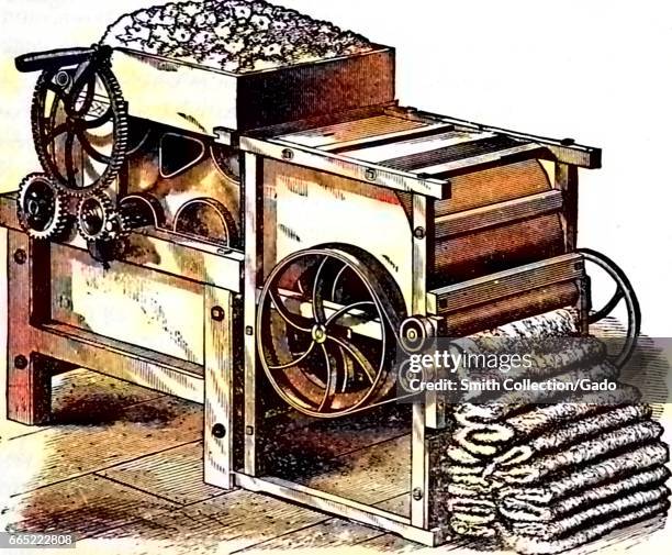 Illustration of a complex mechanical cotton gin with gears and levers processing cotton for use in textiles, 1878. Note: Image has been digitally...