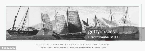 ships of the far east and the pacific engraving, 1851 - macaque stock illustrations