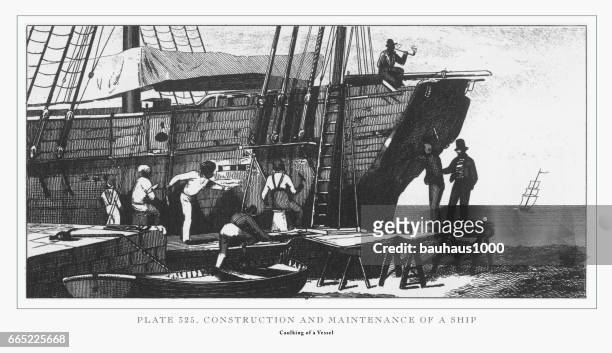 bau und unterhalt von einem schiff gravur, 1851 - ship building stock-grafiken, -clipart, -cartoons und -symbole