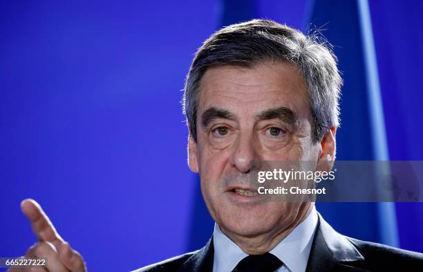 Former French prime minister and French presidential election candidate for the right-wing "Les Republicains" political party Francois Fillon...