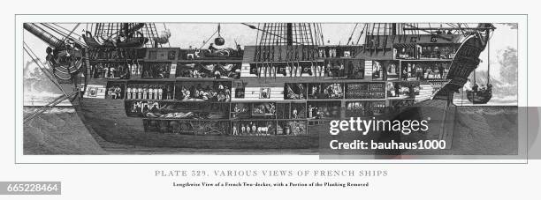 various views of french ships engraving, 1851 - sloop stock illustrations