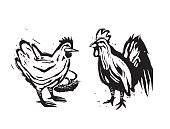 Wood cut hen and rooster farm chickens