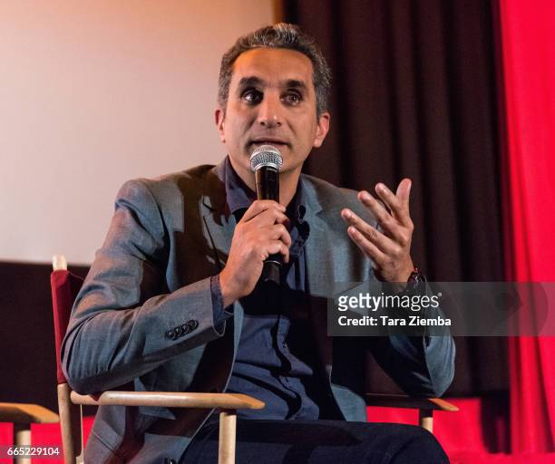 Egyptian satirist/television host Bassem Youssef speaks during opening night of Sarkasmos Productions' 'Tickling Giants' at the Vista Theatre on...