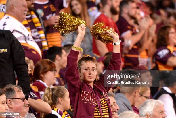 Broncos fans shows her support during the round six NRL match between the Brisbane Broncos and the Sydney Roosters at Suncorp Stadium on April 6,...