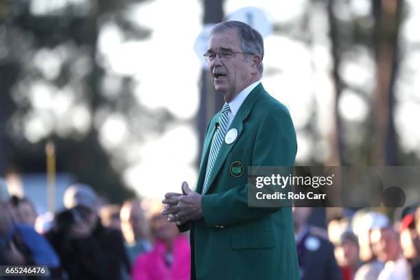 Chairman of Augusta National Golf Club William Porter 'Billy' Payne takes part in the first tee ceremony prior to the first round of the 2017 Masters...