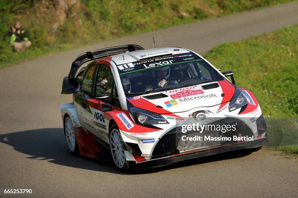 Juho Hanninen of Finland and Kaj Lindstrom of Finland compete in their Toyota Gazoo Racing WRT Toyota Yaris WRC during the Shakedown of the WRC...