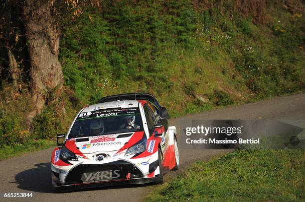 Juho Hanninen of Finland and Kaj Lindstrom of Finland compete in their Toyota Gazoo Racing WRT Toyota Yaris WRC during the Shakedown of the WRC...