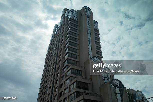 Marriott Marquis hotel building on an overcast day, on Market Street in downtown San Francisco, California, March 19, 2017. .